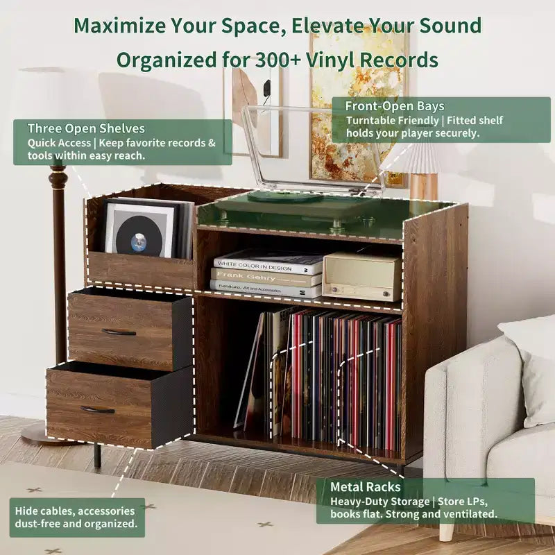 Meuble de rangement pour disques de style médiéval moderne avec tiroirs, peut contenir plus de 500 albums, armoire audio en bois et métal