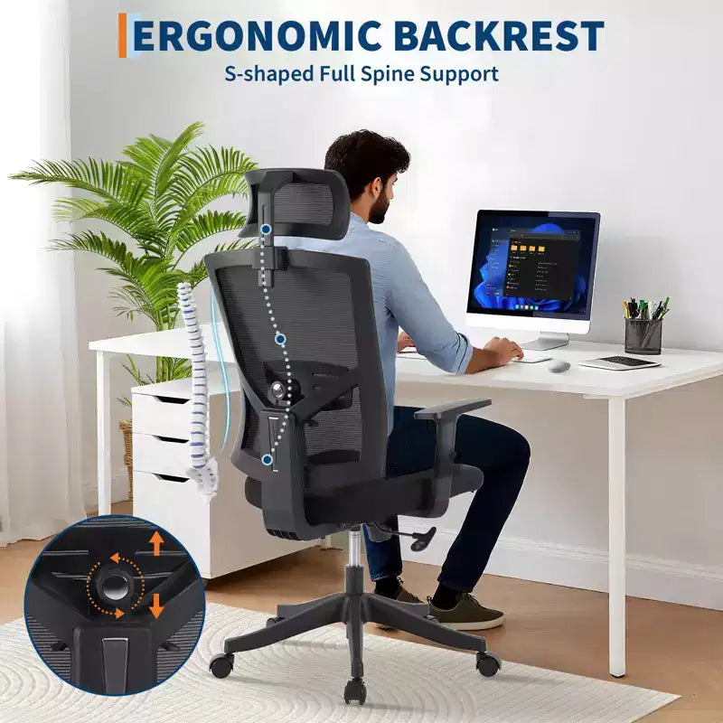 Fauteuil de bureau ergonomique noir en maille avec support lombaire réglable pour la maison et le bureau
