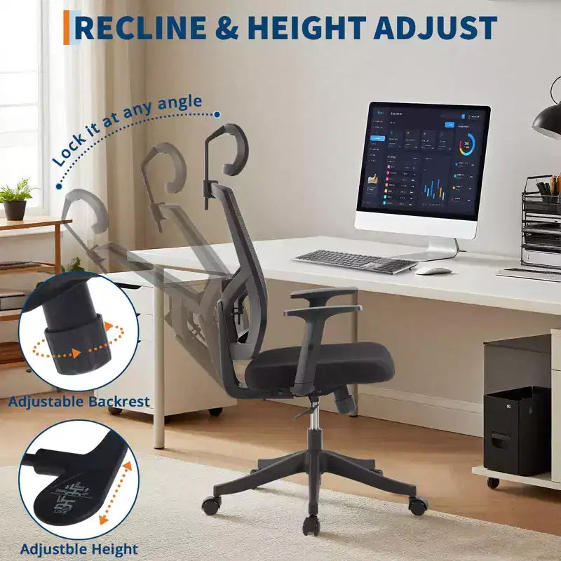 Fauteuil de bureau ergonomique noir en maille avec support lombaire réglable pour la maison et le bureau