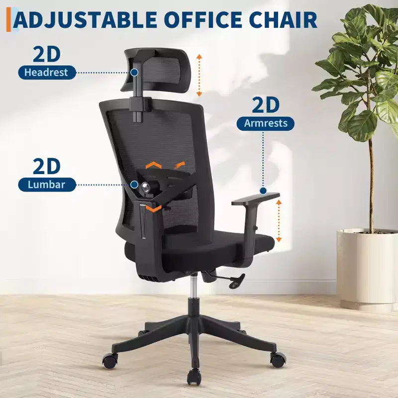 Fauteuil de bureau ergonomique noir en maille avec support lombaire réglable pour la maison et le bureau