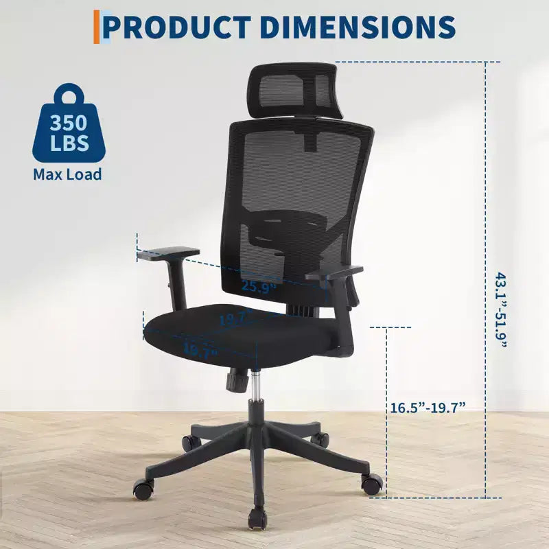 Fauteuil de bureau ergonomique noir en maille avec support lombaire réglable pour la maison et le bureau