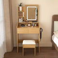 Okak Makeup Vanity with Power Outlet, Hairdryer Holder & Stool, Makeup Desk with 2 Drawers and 5 Shelves, Dressing Table for Bedroom, Wood