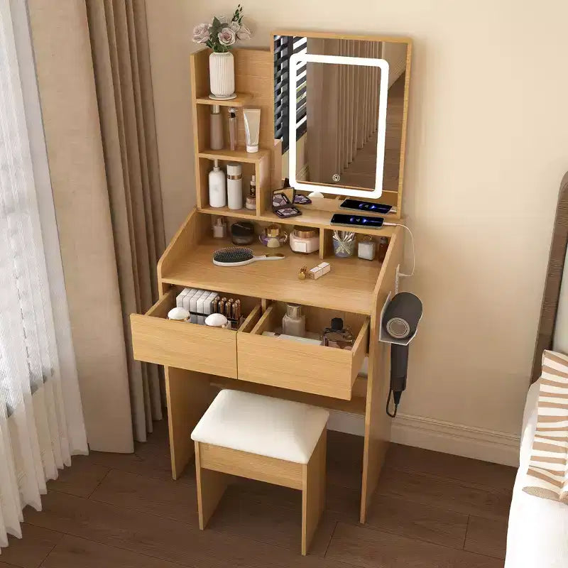 Coiffeuse avec prise électrique, support pour sèche-cheveux et tabouret, 2 tiroirs et 5 étagères