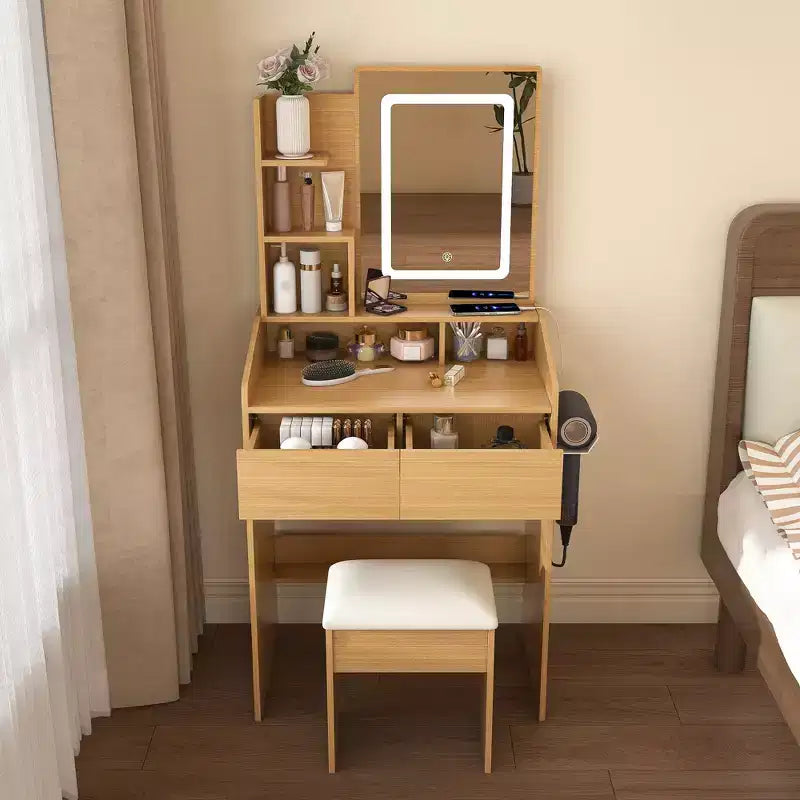 Coiffeuse avec prise électrique, support pour sèche-cheveux et tabouret, 2 tiroirs et 5 étagères