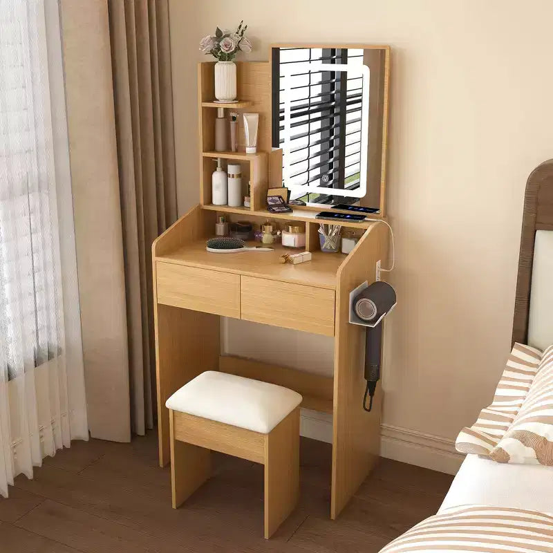 Coiffeuse avec prise électrique, support pour sèche-cheveux et tabouret, 2 tiroirs et 5 étagères