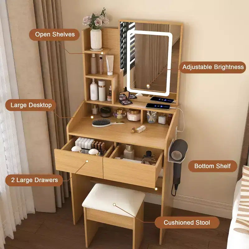 Coiffeuse avec prise électrique, support pour sèche-cheveux et tabouret, 2 tiroirs et 5 étagères