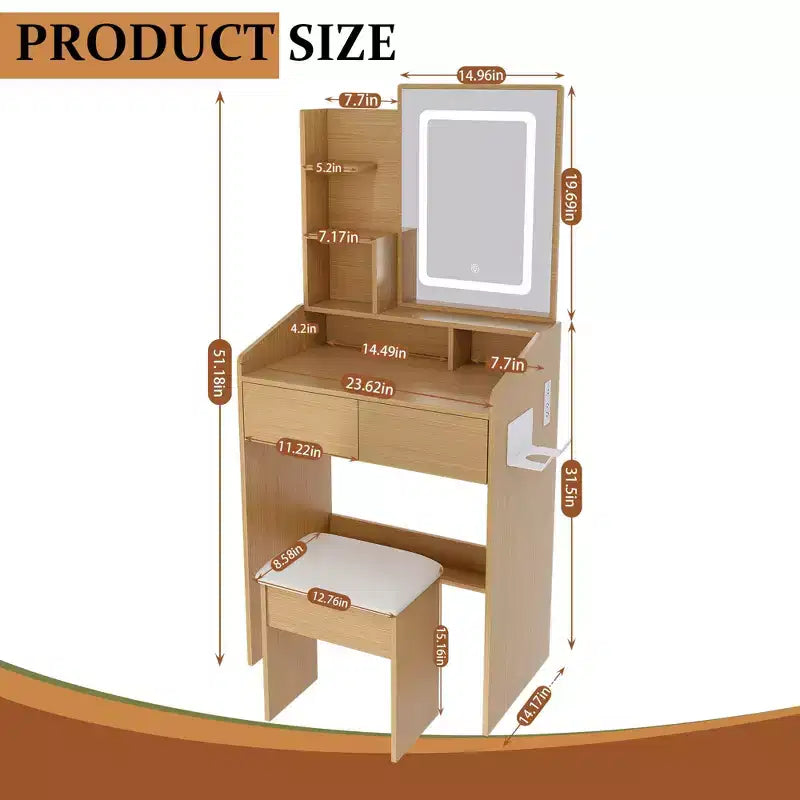 Coiffeuse avec prise électrique, support pour sèche-cheveux et tabouret, 2 tiroirs et 5 étagères