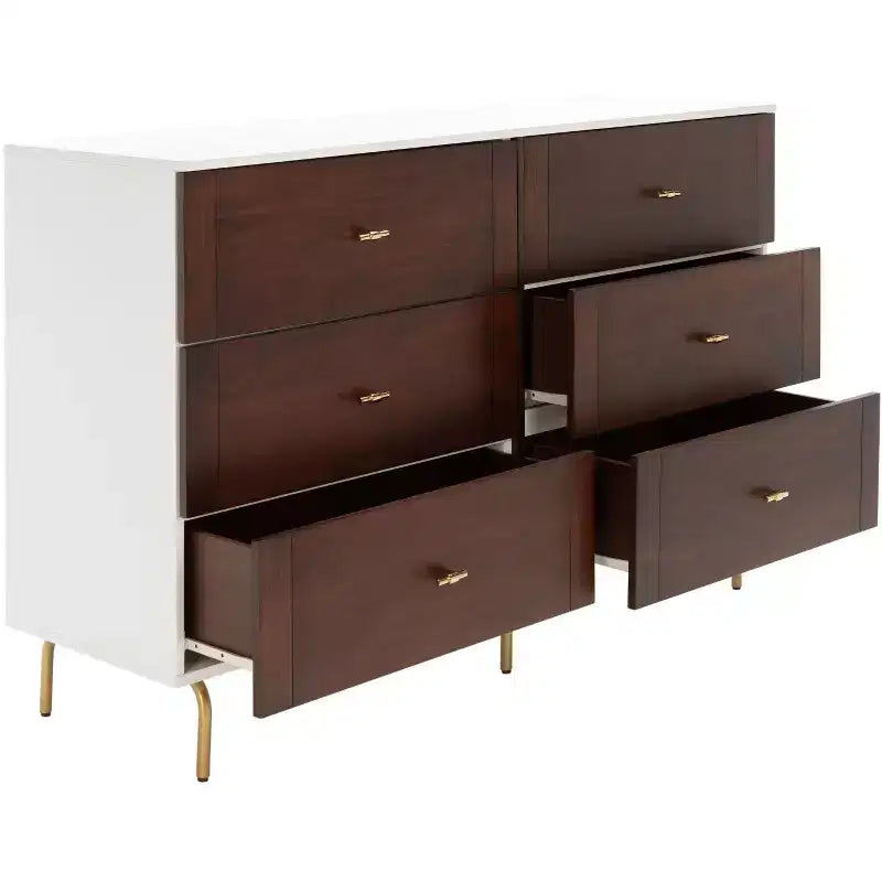 Commode 6 tiroirs, Fini Noyer/Blanc, Rangement moderne pour chambre à coucher