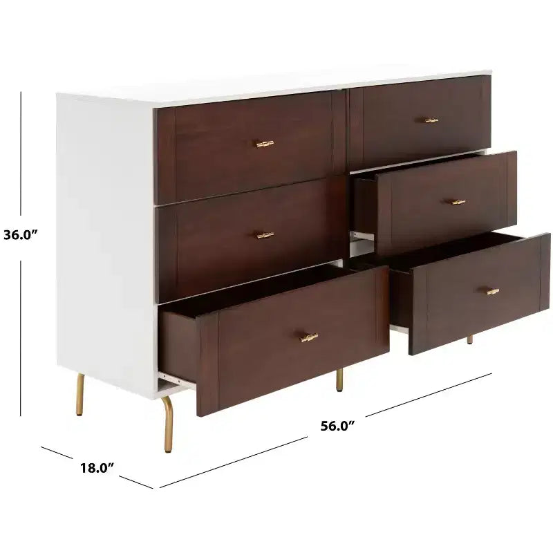 Commode 6 tiroirs, Fini Noyer/Blanc, Rangement moderne pour chambre à coucher