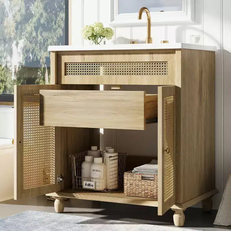 Table basse de rangement ronde rainurée de 80,8 cm, en pin massif avec portes coulissantes, finition noyer