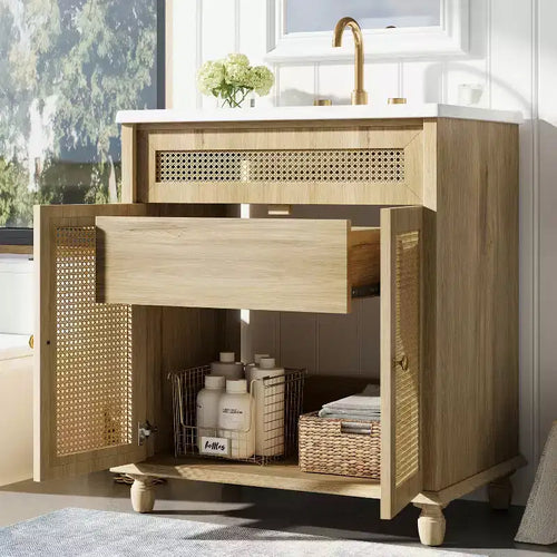Table basse de rangement ronde rainurée de 80,8 cm, en pin massif avec portes coulissantes, finition noyer