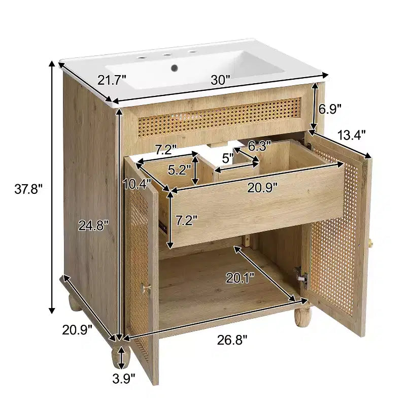 Table basse de rangement ronde rainurée de 80,8 cm, en pin massif avec portes coulissantes, finition noyer