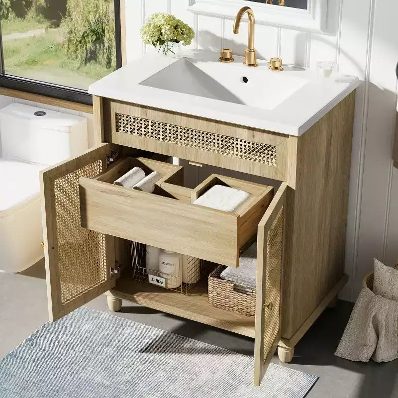 Table basse de rangement ronde rainurée de 80,8 cm, en pin massif avec portes coulissantes, finition noyer