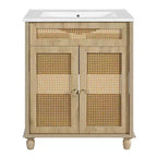 Table basse de rangement ronde rainurée de 80,8 cm, en pin massif avec portes coulissantes, finition noyer