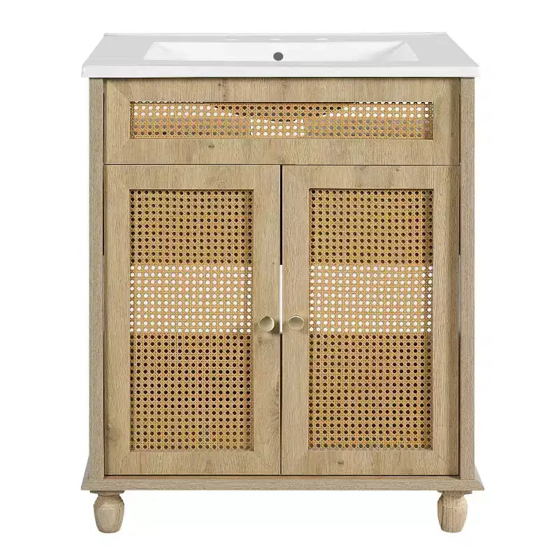 Table basse de rangement ronde rainurée de 80,8 cm, en pin massif avec portes coulissantes, finition noyer