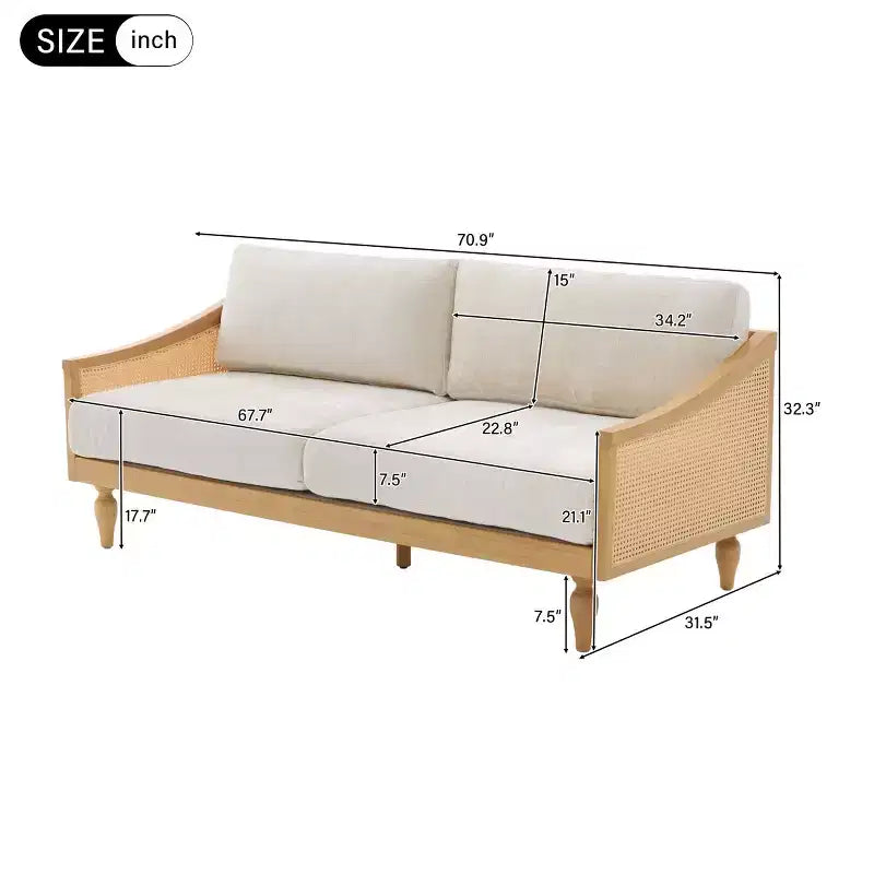 Canapé de causeuse du milieu du siècle avec revêtement doux, accoudoirs en rotin et pieds en bois, 2 places pour le salon