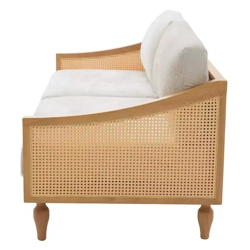 Canapé de causeuse du milieu du siècle avec revêtement doux, accoudoirs en rotin et pieds en bois, 2 places pour le salon