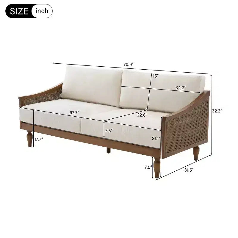 Canapé de causeuse du milieu du siècle avec revêtement doux, accoudoirs en rotin et pieds en bois, 2 places pour le salon