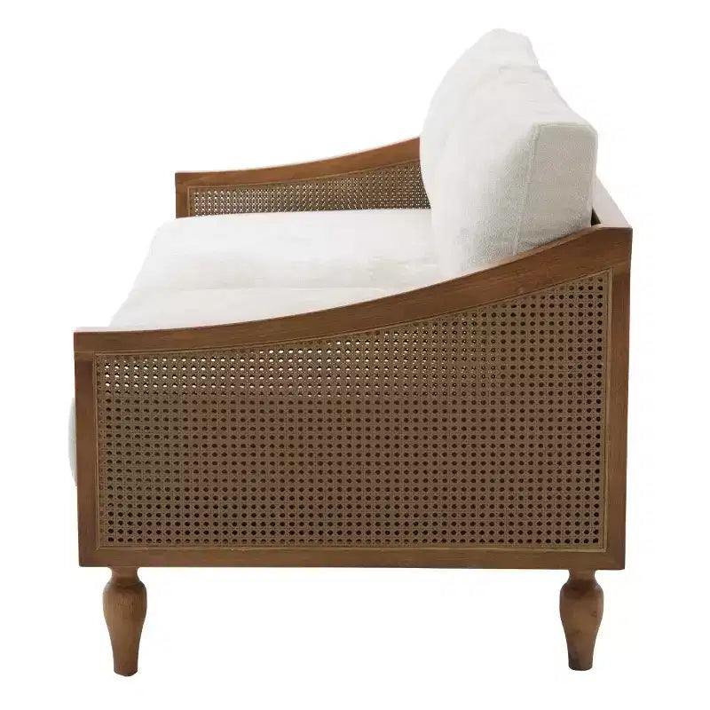 Canapé de causeuse du milieu du siècle avec revêtement doux, accoudoirs en rotin et pieds en bois, 2 places pour le salon