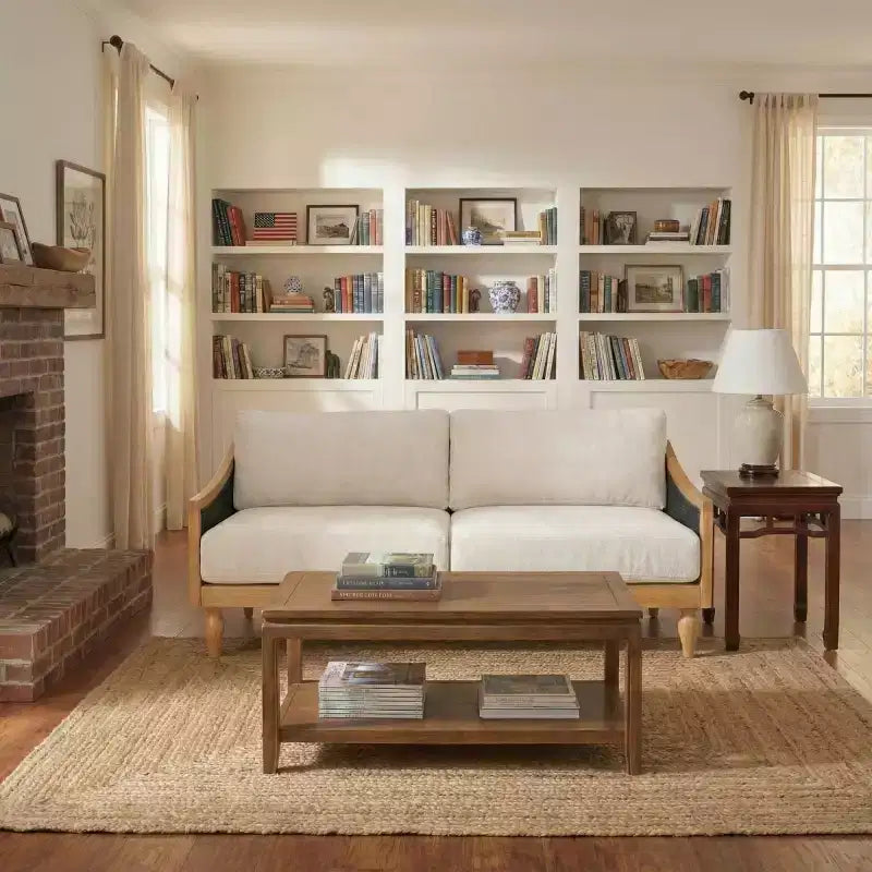 Canapé de causeuse du milieu du siècle avec revêtement doux, accoudoirs en rotin et pieds en bois, 2 places pour le salon
