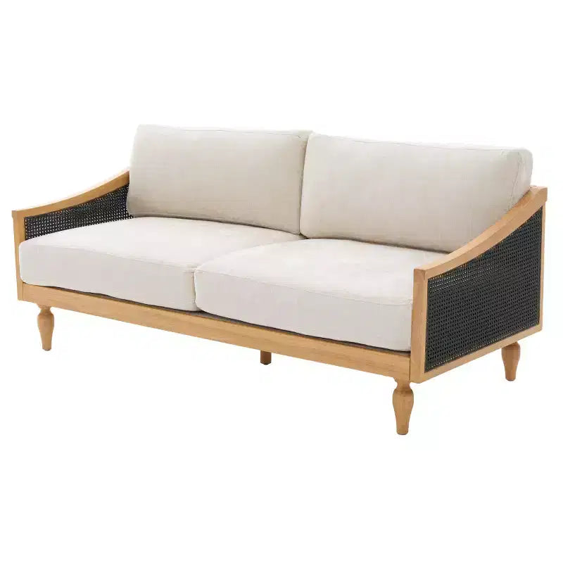 Canapé de causeuse du milieu du siècle avec revêtement doux, accoudoirs en rotin et pieds en bois, 2 places pour le salon