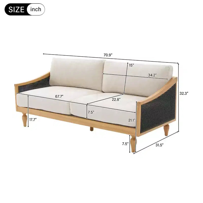Canapé de causeuse du milieu du siècle avec revêtement doux, accoudoirs en rotin et pieds en bois, 2 places pour le salon