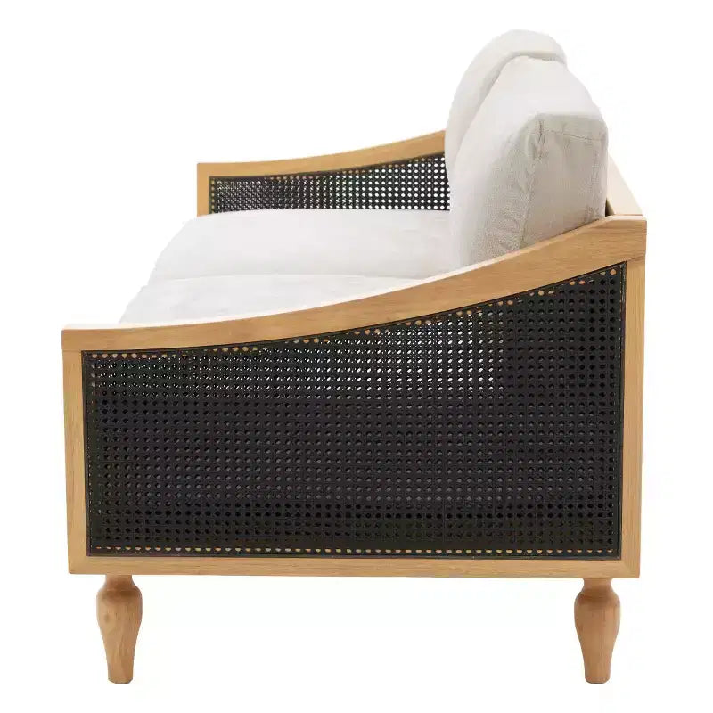 Canapé de causeuse du milieu du siècle avec revêtement doux, accoudoirs en rotin et pieds en bois, 2 places pour le salon
