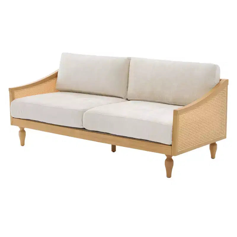 Canapé de causeuse du milieu du siècle avec revêtement doux, accoudoirs en rotin et pieds en bois, 2 places pour le salon