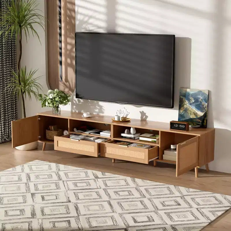 Meuble TV en rotin de 90 pouces, style ferme moderne avec pieds en bois massif, meuble de divertissement pour salon