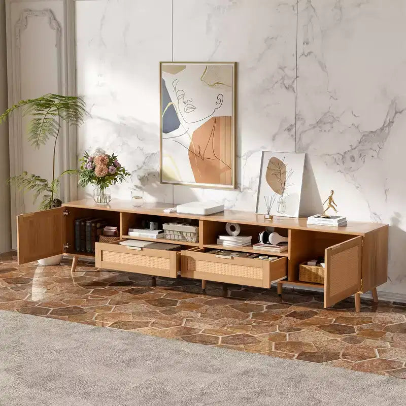 Meuble TV en rotin de 90 pouces, style ferme moderne avec pieds en bois massif, meuble de divertissement pour salon