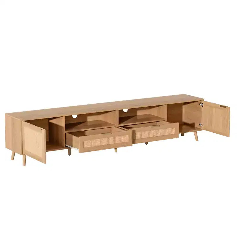 Meuble TV en rotin de 90 pouces, style ferme moderne avec pieds en bois massif, meuble de divertissement pour salon