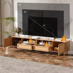 Meuble TV en rotin de 90 pouces, style ferme moderne avec pieds en bois massif, meuble de divertissement pour salon