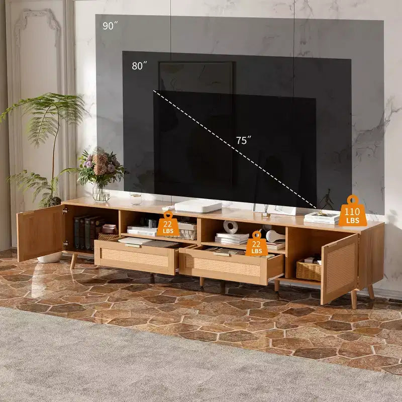 Meuble TV en rotin de 90 pouces, style ferme moderne avec pieds en bois massif, meuble de divertissement pour salon