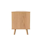 Meuble TV en rotin de 90 pouces, style ferme moderne avec pieds en bois massif, meuble de divertissement pour salon