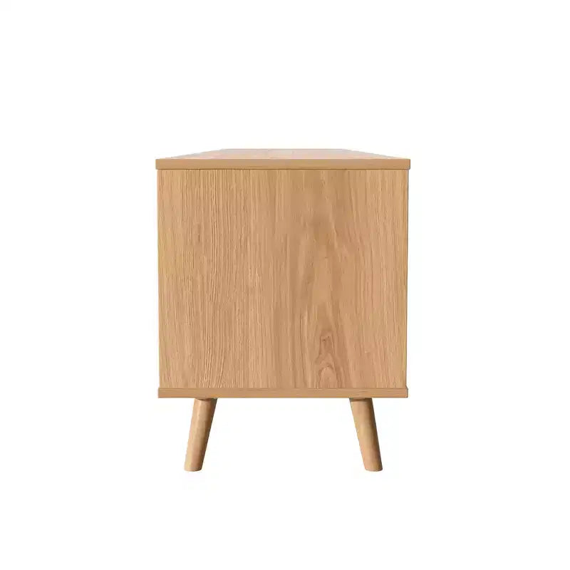 Meuble TV en rotin de 90 pouces, style ferme moderne avec pieds en bois massif, meuble de divertissement pour salon