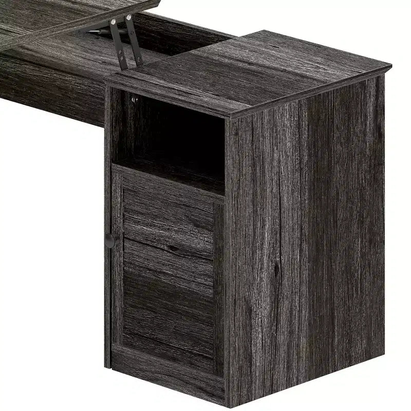 Bureau d'angle en L de 60 pouces, prises de courant, plateau relevable, armoire de rangement et lumières LED, gris