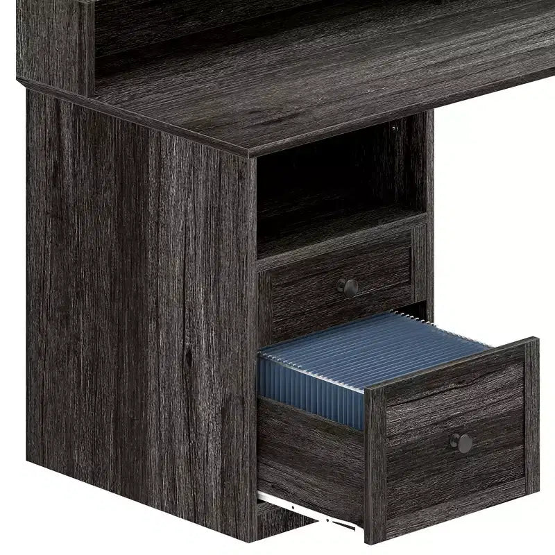 Bureau d'angle en L de 60 pouces, prises de courant, plateau relevable, armoire de rangement et lumières LED, gris