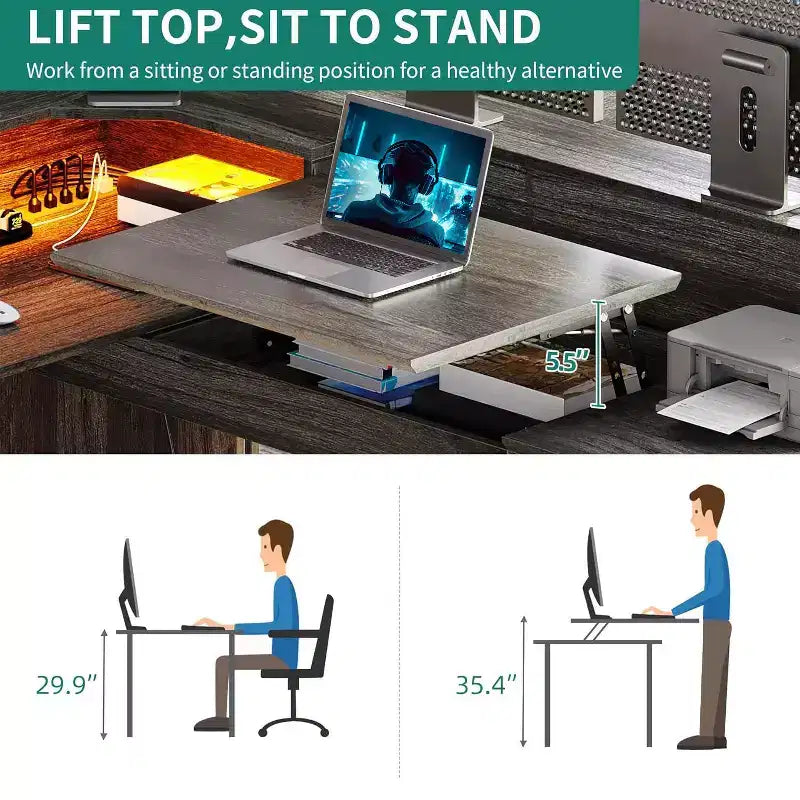 Bureau d'angle en L de 60 pouces, prises de courant, plateau relevable, armoire de rangement et lumières LED, gris