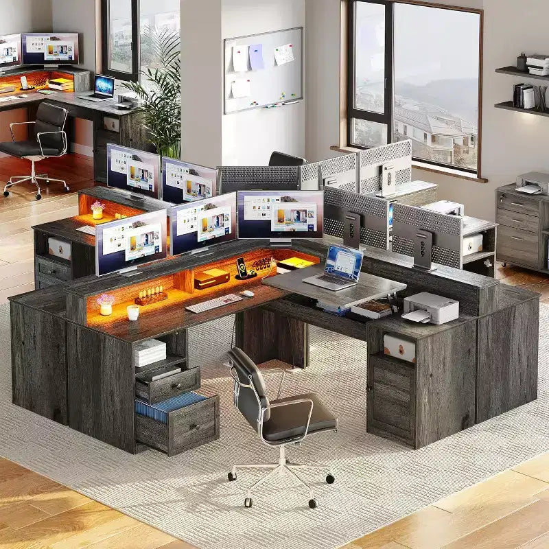 Bureau d'angle en L de 60 pouces, prises de courant, plateau relevable, armoire de rangement et lumières LED, gris