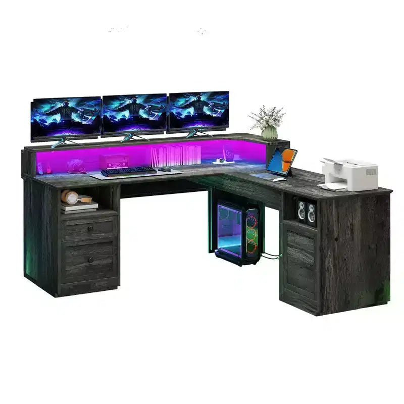 Bureau d'angle en L de 60 pouces, prises de courant, plateau relevable, armoire de rangement et lumières LED, gris