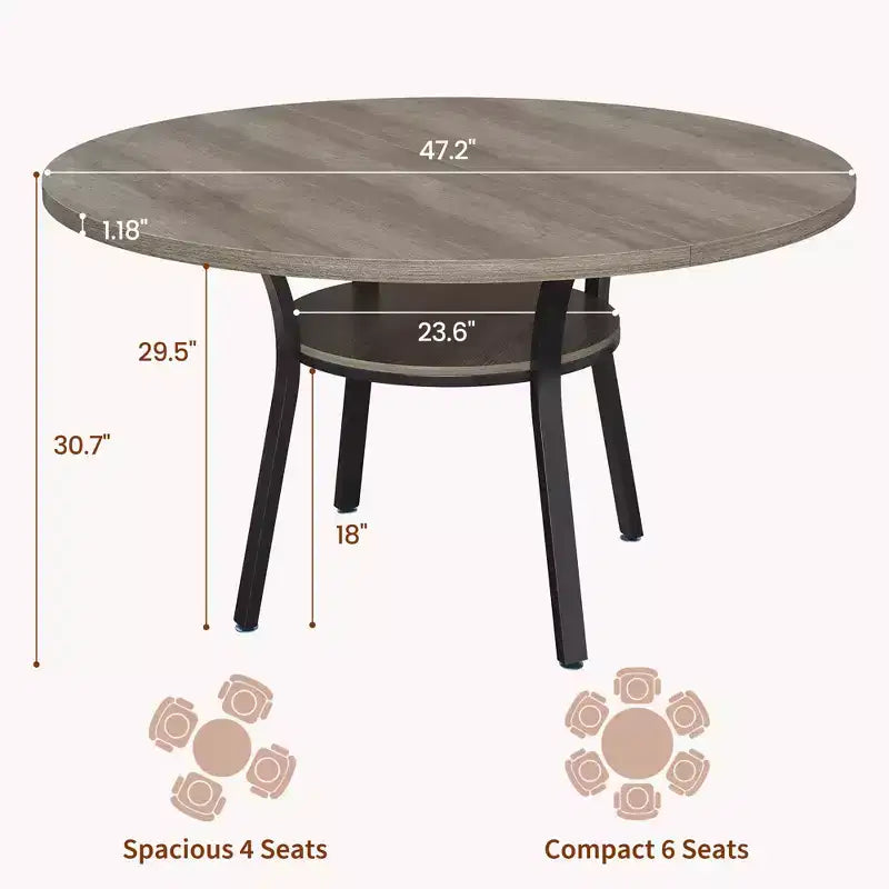 Table à manger ronde de 119 cm pour 4-6 personnes, table de cuisine de style ferme, table de dîner ronde avec étagère de rangement pour cuisine, salon (table uniquement)