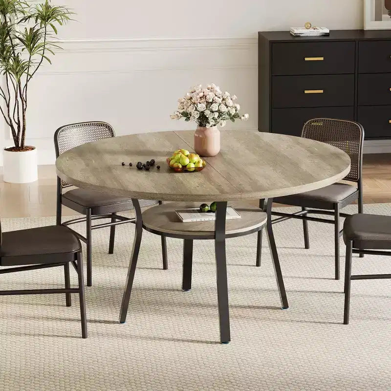 Table à manger ronde de 119 cm pour 4-6 personnes, table de cuisine de style ferme, table de dîner ronde avec étagère de rangement pour cuisine, salon (table uniquement)