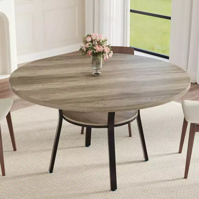 Table à manger ronde de 119 cm pour 4-6 personnes, table de cuisine de style ferme, table de dîner ronde avec étagère de rangement pour cuisine, salon (table uniquement)