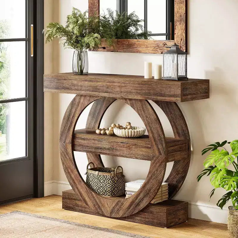 Console de ferme de 105 cm, table d'entrée étroite à 3 niveaux avec étagères de rangement, marron rustique