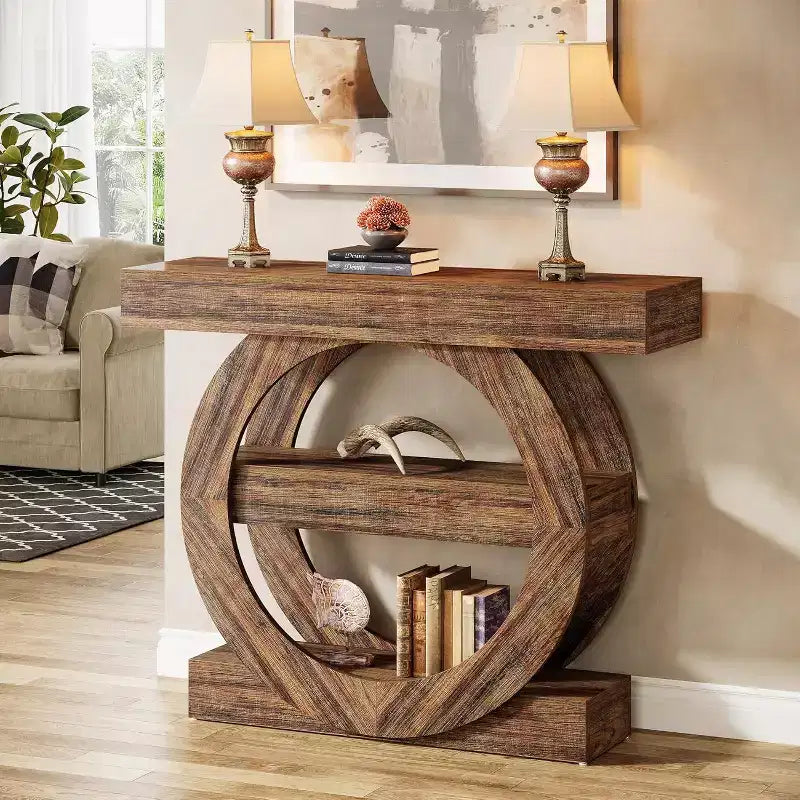 Console de ferme de 105 cm, table d'entrée étroite à 3 niveaux avec étagères de rangement, marron rustique