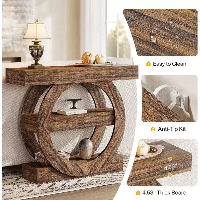 Console de ferme de 105 cm, table d'entrée étroite à 3 niveaux avec étagères de rangement, marron rustique