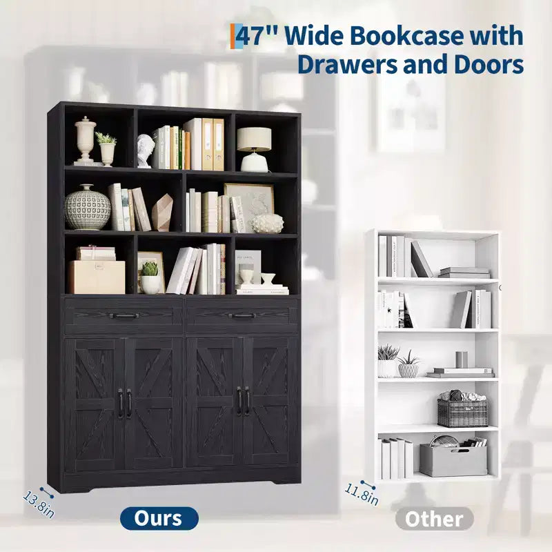 Bibliothèque haute de 71 po avec 2 tiroirs, étagère à livres en bois à 5 niveaux avec tablettes réglables, étagères de présentation ouvertes sur pied pour salon