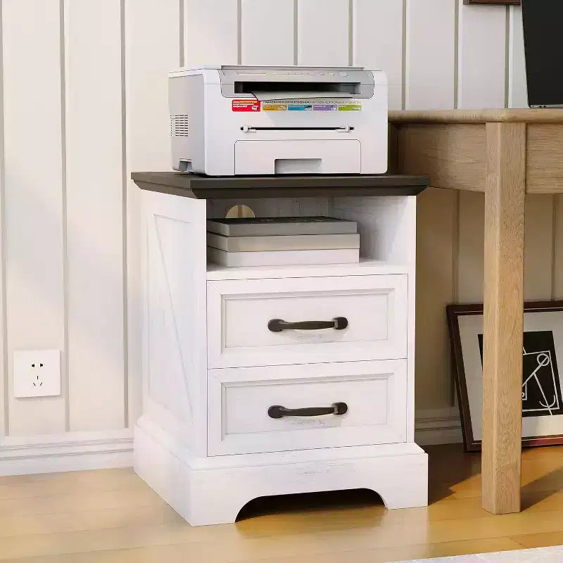 Tables de chevet rustiques de ferme avec station de recharge, tables de chevet modernes en bois avec 2 tiroirs, tables d'appoint accentuées blanches pour salon