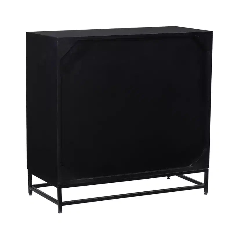 Commode à 3 tiroirs Gordon, Bois de manguier massif et cannage naturel, Pieds en métal noir, Style moderne de ferme