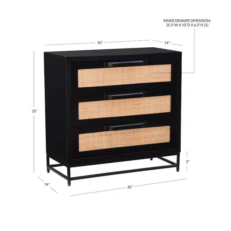 Commode à 3 tiroirs Gordon, Bois de manguier massif et cannage naturel, Pieds en métal noir, Style moderne de ferme